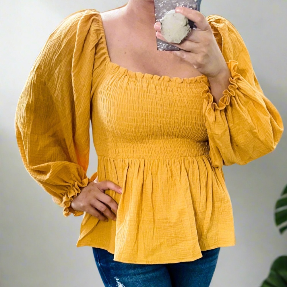 Yellow Peplum Blouse with Puff Sleeves
